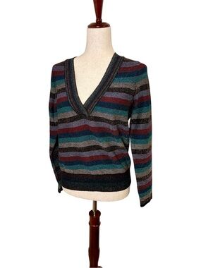 Moth Anthropologie Striped Metallic V-Neck Sweater Small